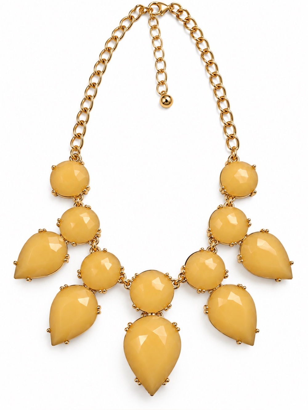 Statement Bib Necklace Mustard Yellow Faceted Teardrop Bright Gold Tone